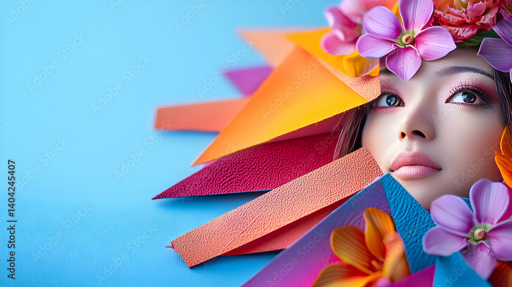 Young Woman Portrait Adorned With Colorful Paper Art and Floral Crown on Blue Background