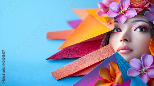 Obraz na płótnie Young Woman Portrait Adorned With Colorful Paper Art and Floral Crown on Blue Background w salonie