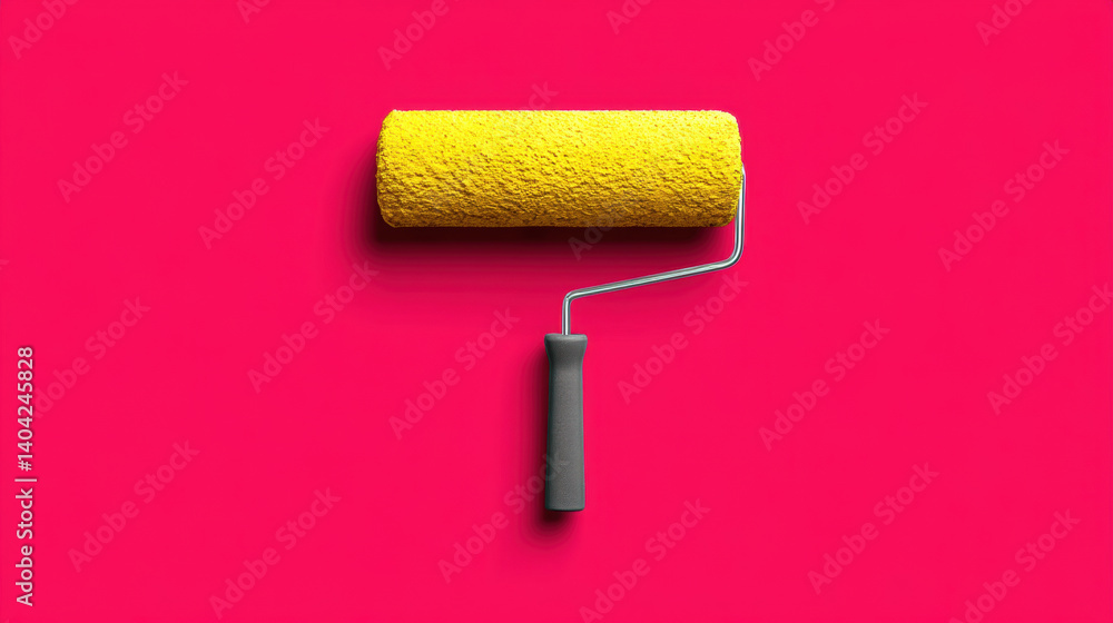 Obraz premium Bright yellow paint roller on vibrant pink background creates energetic and lively atmosphere, perfect for creative projects