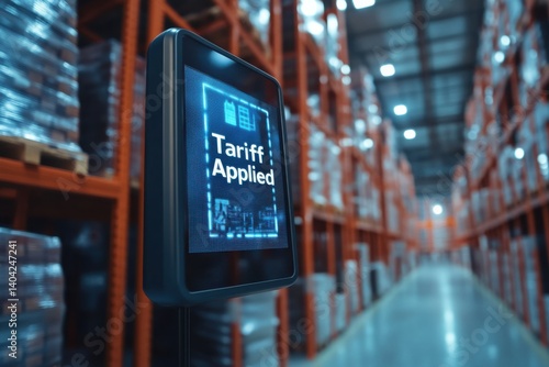 Tariff applied notification displayed in a modern warehouse during daylight hours
