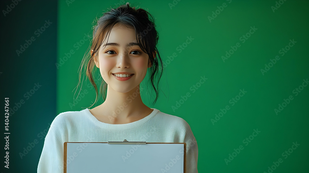 Smiling woman holds a blank clipboard against a green backdrop. Smiling woman holds a blank clipboard against a green backdrop.