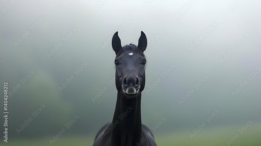 Black Horse Portrait In Misty Field