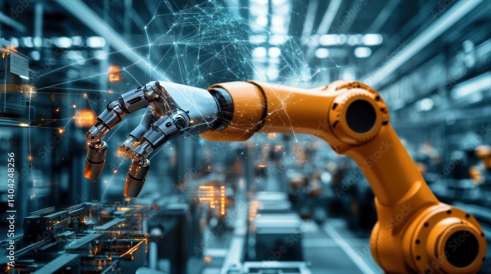 Advanced robotic arm precision assembly with futuristic digital interface overlay Advanced robotic arm precision assembly with futuristic digital interface overlay