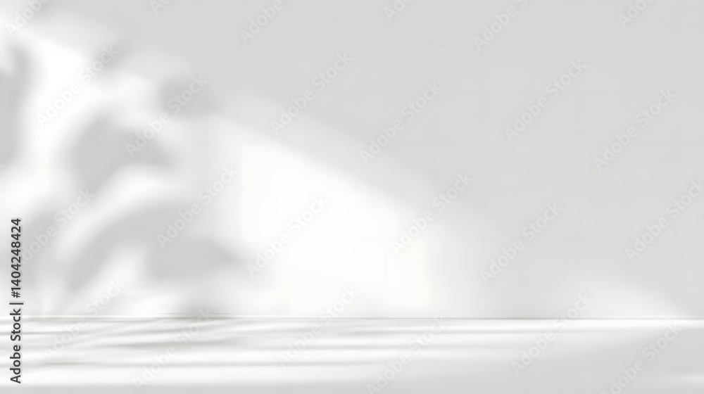 Abstract white background with blurred shadows and soft lighting in a studio setting, featuring a beautiful summer nature scene with a stunning shadow on the wall, perfect for product presentation Abstract white background with blurred shadows and soft lighting in a studio setting, featuring a beautiful summer nature scene with a stunning shadow on the wall, perfect for product presentation