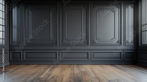 Elegantly crafted interior room with ornate dark gray paneling and wooden floor