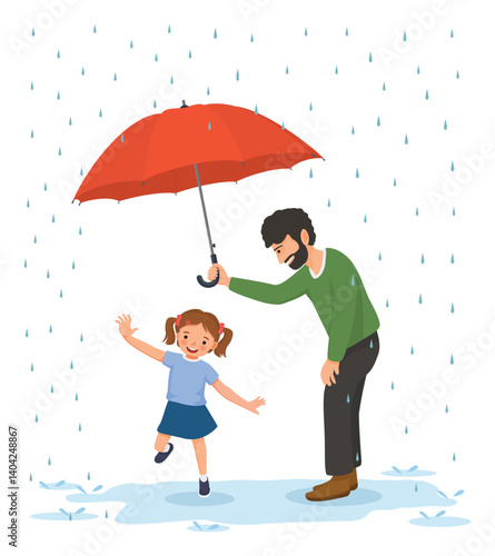 Father holding an umbrella over his daughter in the raining day