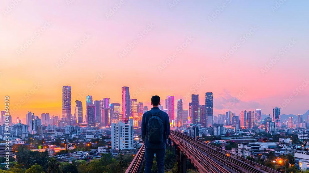 Man Walking On Railing Overlooking City At Sunset