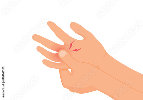 Trigger finger. Hand massaging ring finger that get stuck in a bent position cause by inflammation of index finger tendons, stiffness and pain in finger