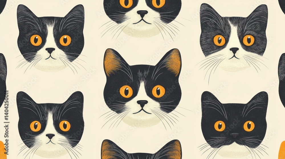 Charming whimsical pattern featuring stylized black and white cat portraits Charming whimsical pattern featuring stylized black and white cat portraits