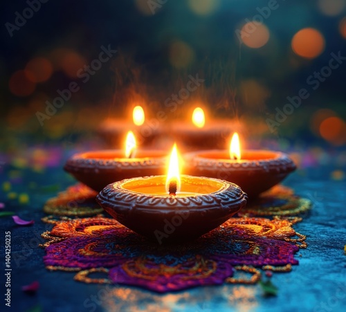 Diwali Celebration with Diya Lamps and Colorful Rangoli Art