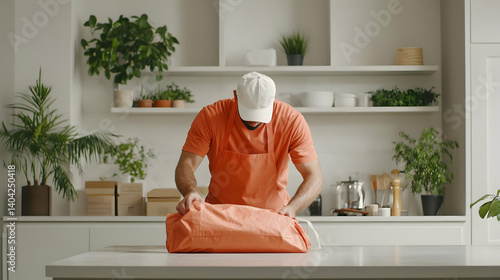 Man in Orange Apron Preparing Food in a Bright White Kitchen with Plants