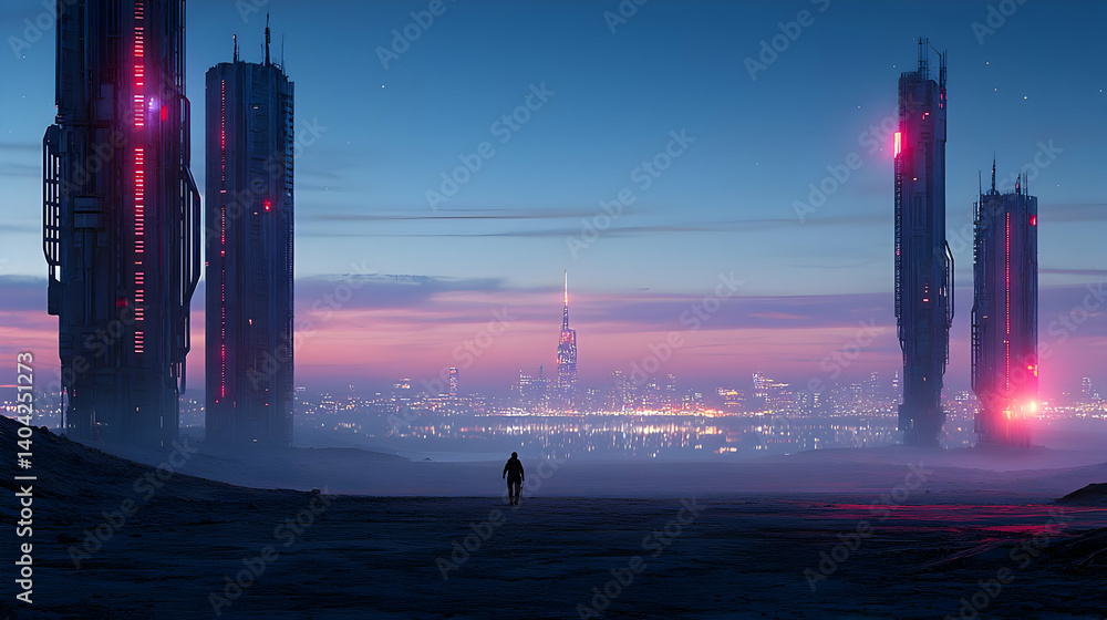 Silhouette of a Person Standing Before Futuristic Buildings at Dusk with Purple and Red Illuminated Structures and Urban City Background