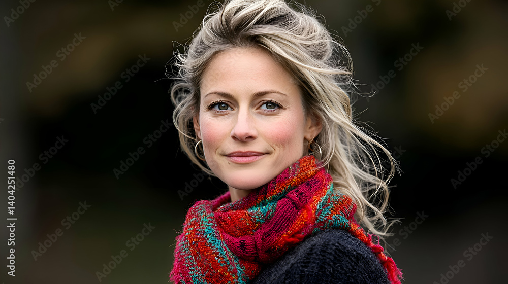 Portrait of a Young Blonde Woman with Red and Teal Scarf Outdoors