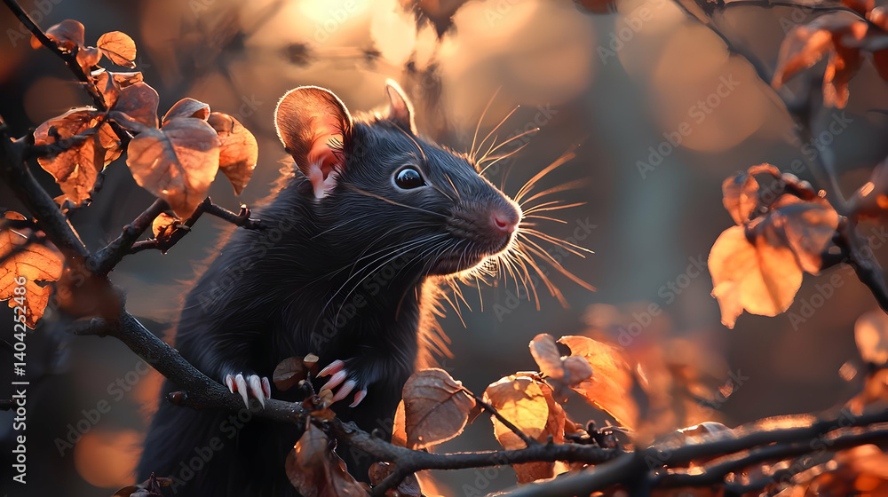 Black Rat On Branch At Sunset