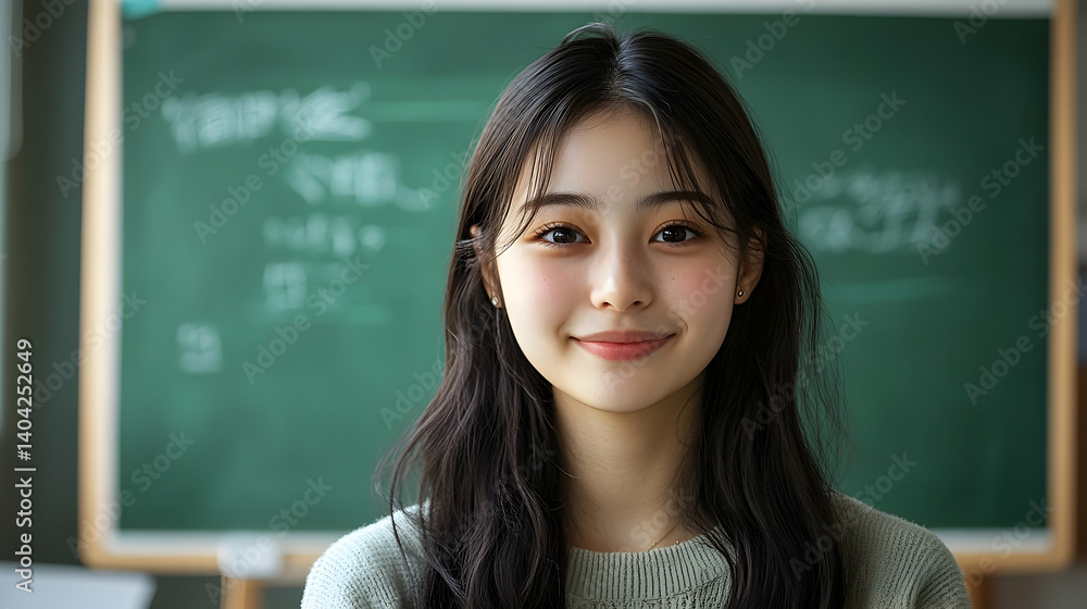 Smiling female student in front of a chalkboard. Smiling female student in front of a chalkboard.