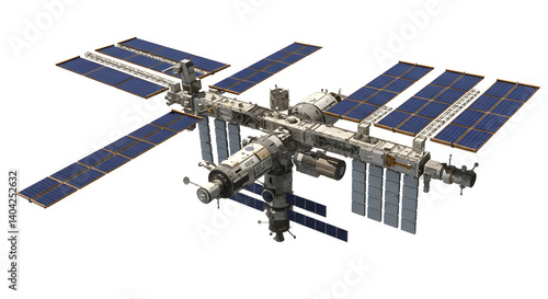 Fototapeta Naklejka Na Ścianę i Meble -  Detailed 3D Rendering of International Space Station with Solar Panels on White Backdrop