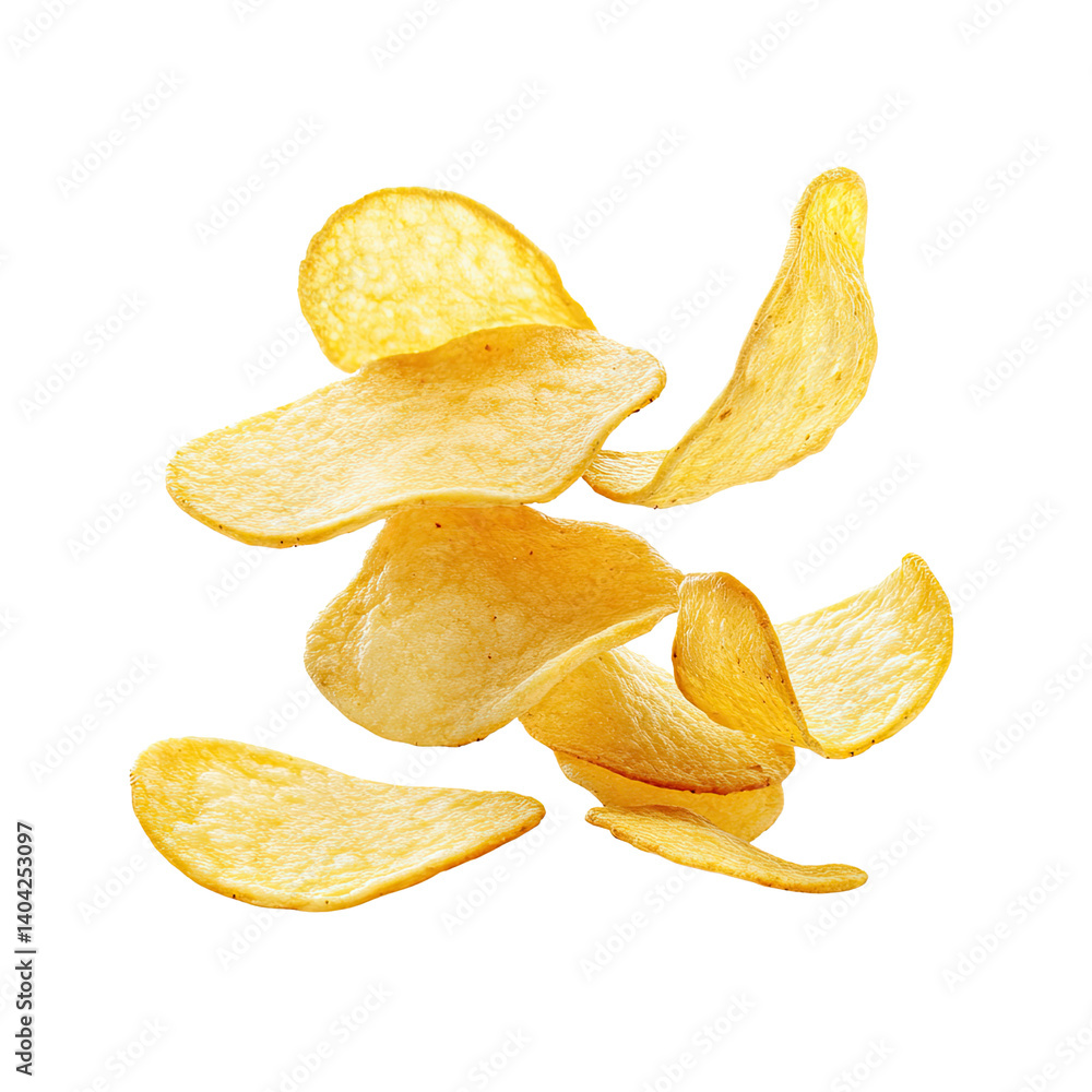 Heap of yellow fried potato chips, a salty snack isolated on white Heap of yellow fried potato chips, a salty snack isolated on white