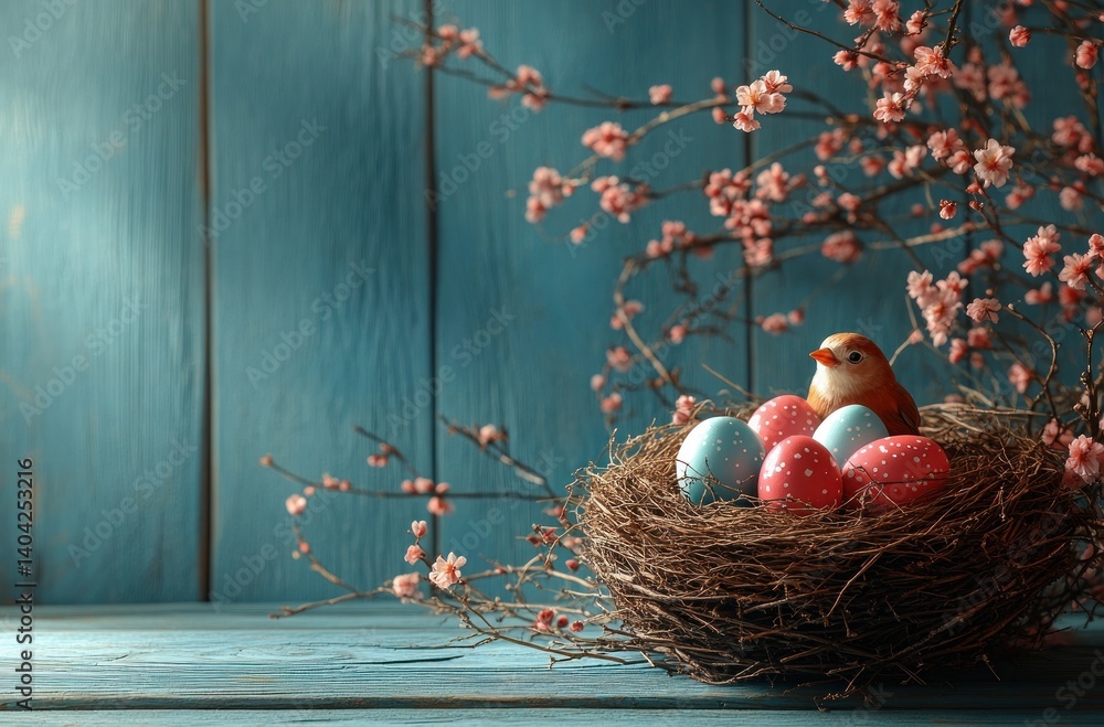 Easter Nest with Colorful Eggs and Spring Flowers on Blue Background
