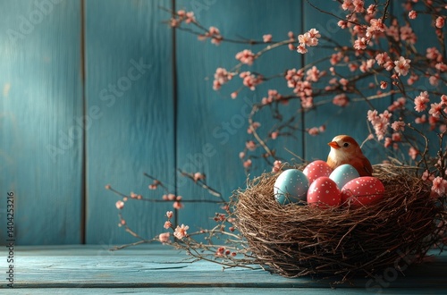 Obraz na płótnie Easter Nest with Colorful Eggs and Spring Flowers on Blue Background w salonie