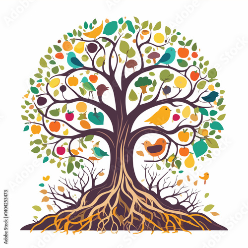  tree icon with visible roots underground and branches above, roots filled with mushrooms and worms, branches filled with birds and fruits.