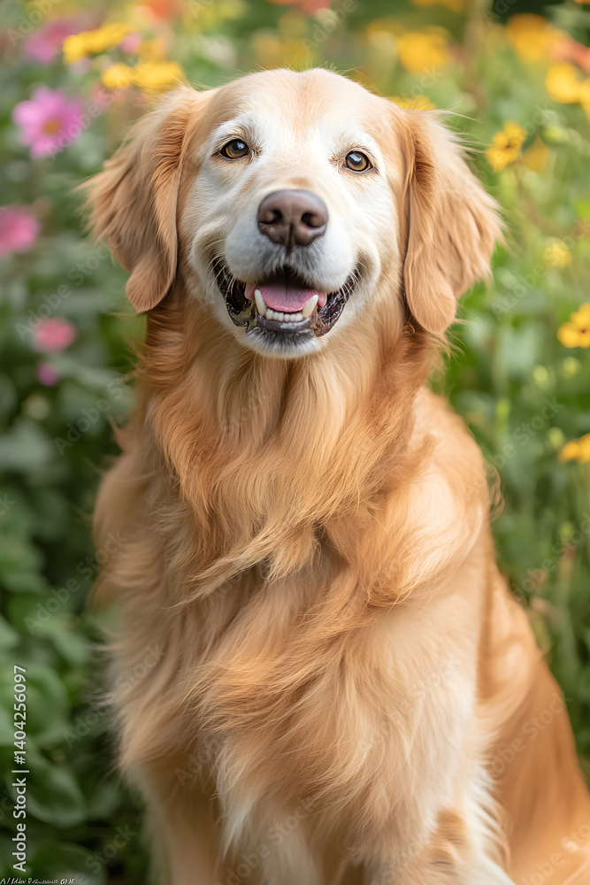 A Golden Retriever's Blissful Moment in a Sunlit Meadow Surrounded by Lush Wildflowers A Golden Retriever's Blissful Moment in a Sunlit Meadow Surrounded by Lush Wildflowers