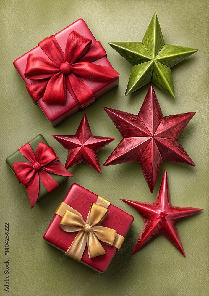 Red and Green Christmas Gifts and Stars on Green Background Red and Green Christmas Gifts and Stars on Green Background