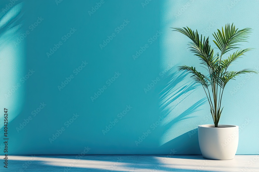 A Green Palm Plant in a White Pot Against a Blue Wall A Green Palm Plant in a White Pot Against a Blue Wall