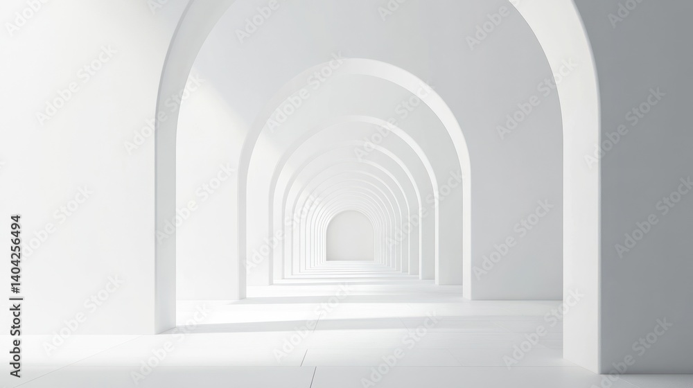 White Archways Corridor, Empty Modern Architecture, Sunlight, Interior Design, Photorealistic 3D Model, Stock Image White Archways Corridor, Empty Modern Architecture, Sunlight, Interior Design, Photorealistic 3D Model, Stock Image