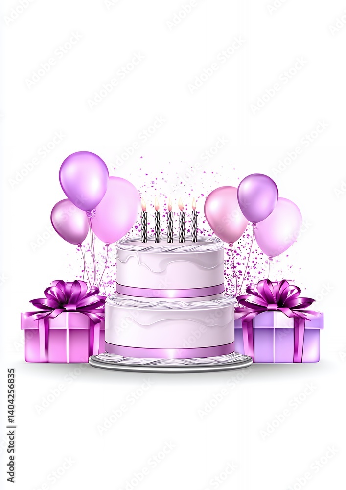 Two Tiered Purple Birthday Cake with Pink Balloons and Gifts Two Tiered Purple Birthday Cake with Pink Balloons and Gifts