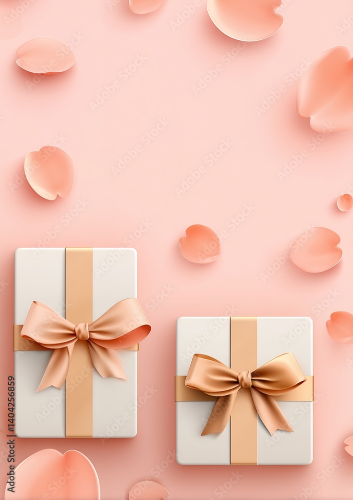 Two White Gift Boxes with Peach Ribbons and Rose Petals on Pink Background Two White Gift Boxes with Peach Ribbons and Rose Petals on Pink Background