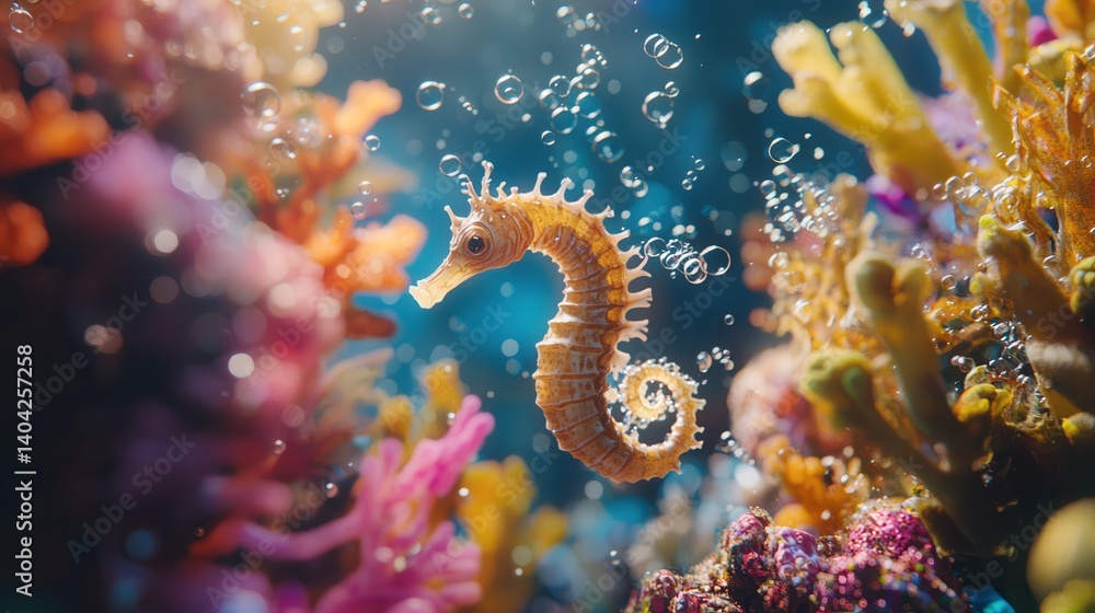 A close-up of a seahorse in a vibrant coral reef, surrounded by tiny bubbles A close-up of a seahorse in a vibrant coral reef, surrounded by tiny bubbles