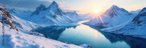 Sparkling snow drapes mountains, their image flawless in still water , clear, image, winter