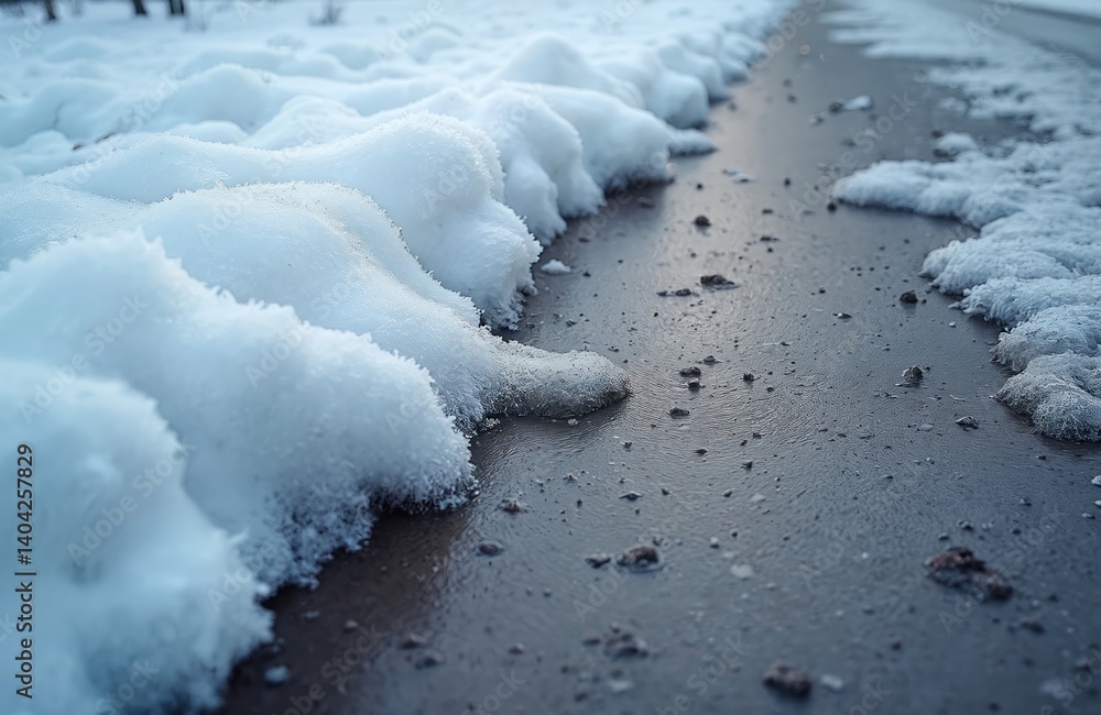 Melting snow slush on road edge. Winter season transition to spring. Wet road surface. Cold weather, ice, frost, crystal melt. Roadside snowdrift texture. Early spring, asphalt background, copy space. Melting snow slush on road edge. Winter season transition to spring. Wet road surface. Cold weather, ice, frost, crystal melt. Roadside snowdrift texture. Early spring, asphalt background, copy space.