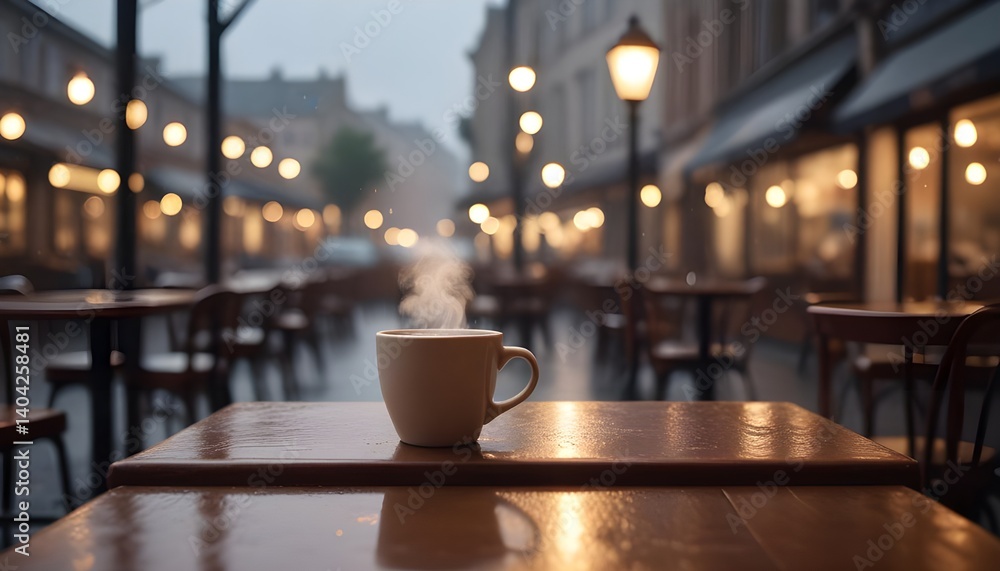 Empty lofi cafe table with steaming cup, raining outside, blurred street lights in background Empty lofi cafe table with steaming cup, raining outside, blurred street lights in background