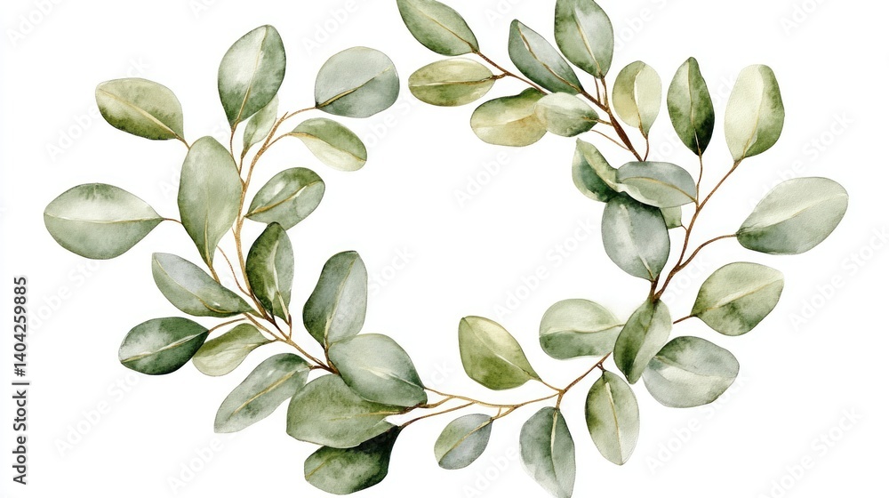 Naklejka premium a gentle watercolor depiction presenting a circular arrangement of eucalyptus foliage a harmonious blend of organic forms and delicate coloration perfect for invitations