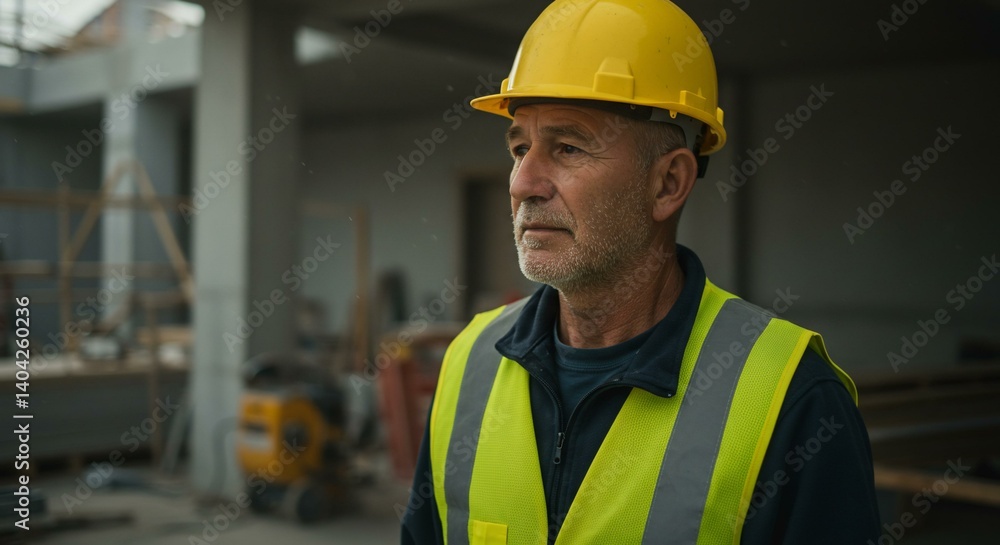 Construction worker in a hard hat looking to the side at a job site. Construction worker in a hard hat looking to the side at a job site.