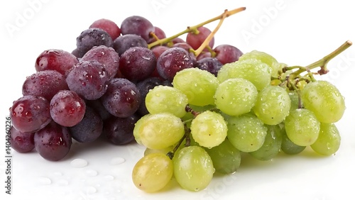 Fresh bunch of ripe grapes in various colors, showcasing a mix of green, red, purple, and black berries, isolated on white background, perfect for showcasing healthy, organic fruit
