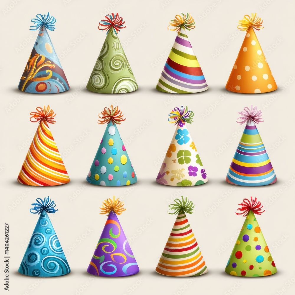 A vibrant collection of colorful party hats featuring various patterns, perfect for celebrations and festive occasions. A vibrant collection of colorful party hats featuring various patterns, perfect for celebrations and festive occasions.