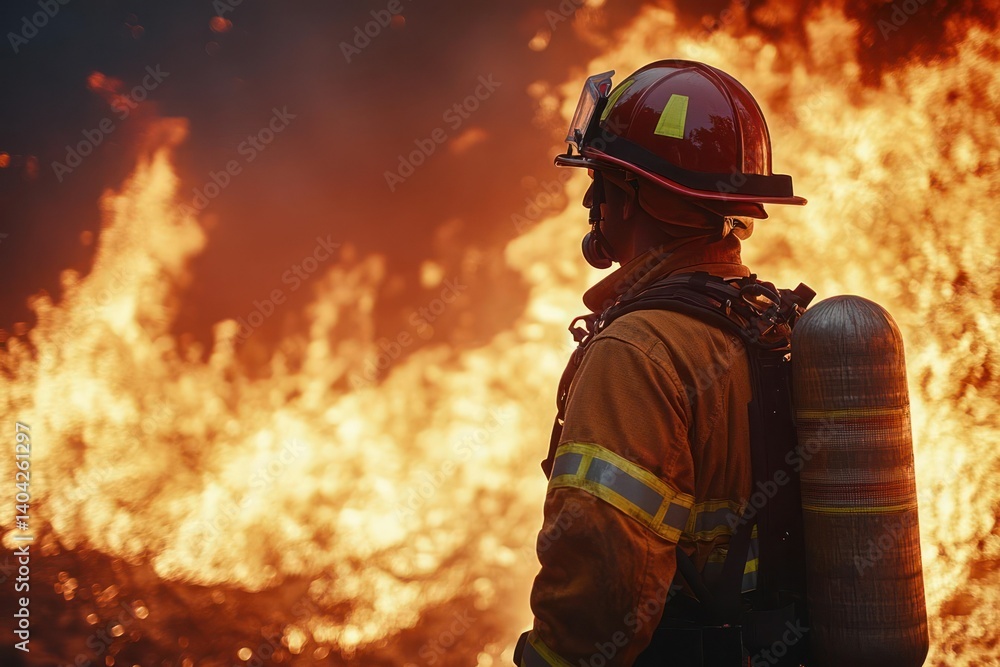 Fototapeta premium Firefighter confronts blaze