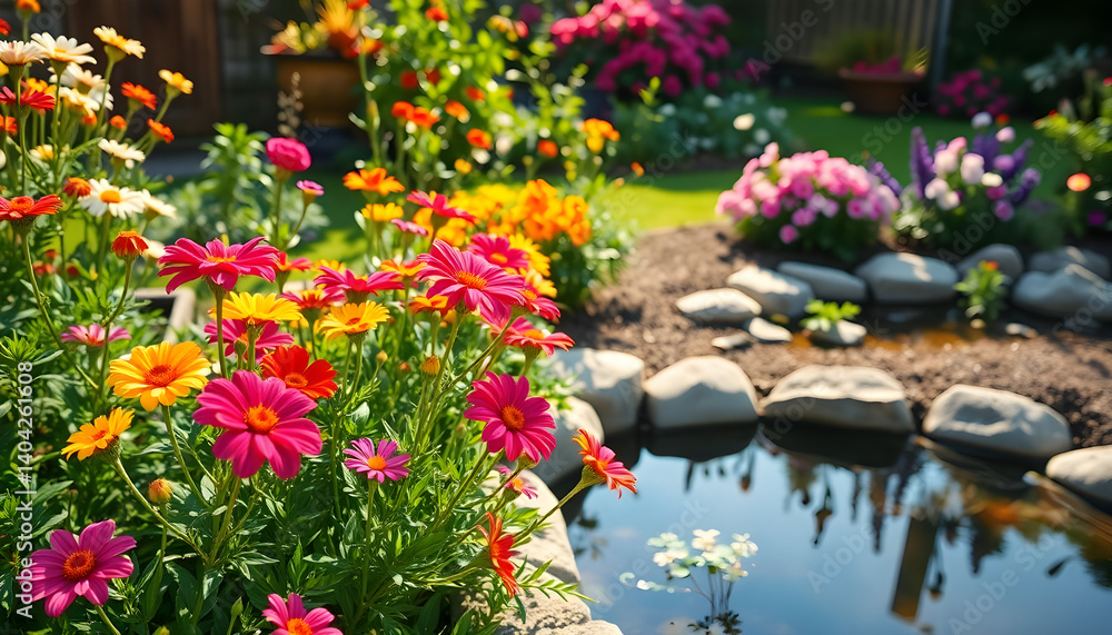 garden filled with lots of flowers next to a pond garden filled with lots of flowers next to a pond