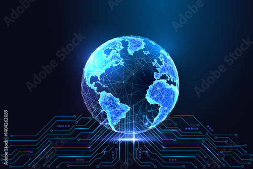 Digital Earth globe with circuit board connections, global technology futuristic concept. Vector 