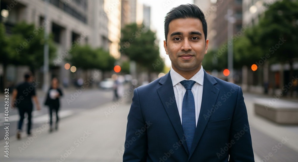 Professional man in suit standing on city street looks at the camera Professional man in suit standing on city street looks at the camera