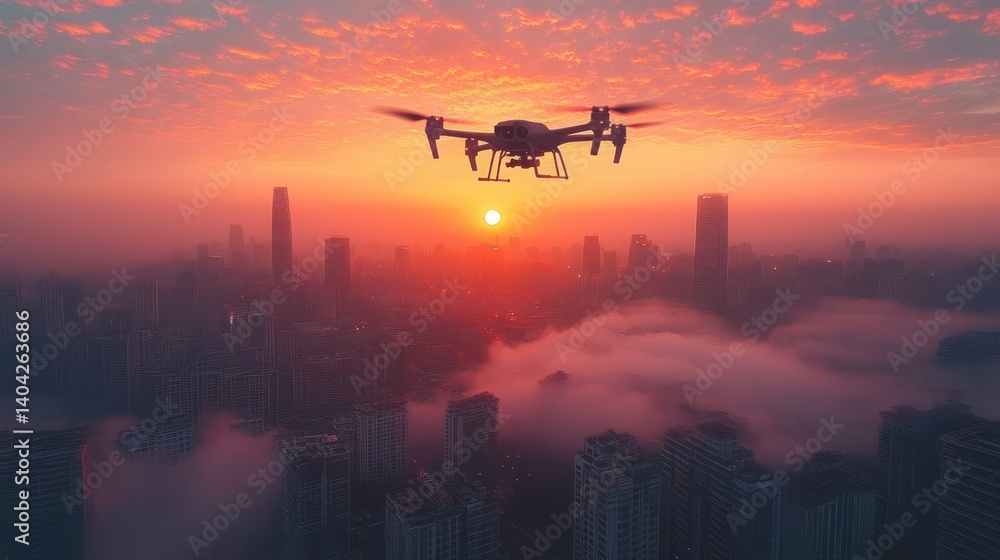 Drone flying over a cityscape at sunrise, shrouded in mist Drone flying over a cityscape at sunrise, shrouded in mist