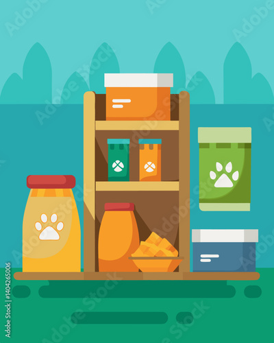 A barren pet food section with only a few bags of dry food remaining.. Vector illustration