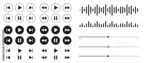 set of Black and white media control icons vector with transparent PNG background, multimedia interface buttons including play pause rewind skip forward settings volume sliders shuffle loop 
