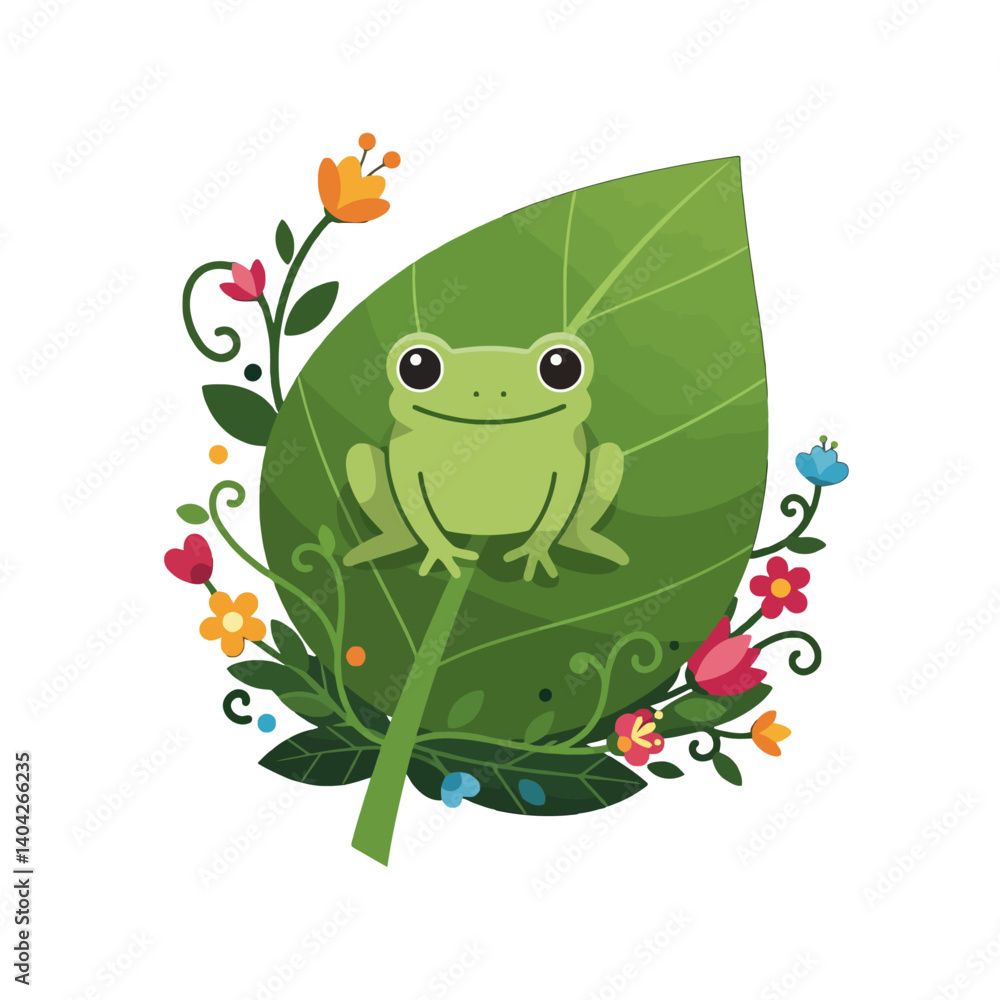 Fototapeta premium Cute frog sitting on a leaf surrounded by flowers