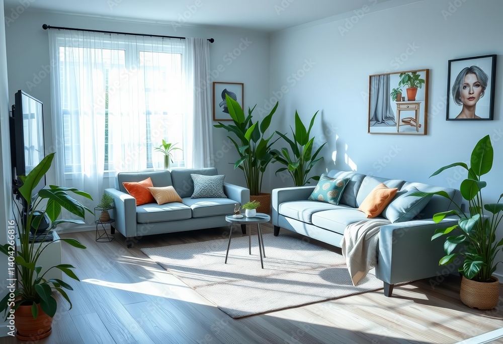 Fototapeta premium Bright living room, cozy grey sofa, lush green plants, shelves, peaceful