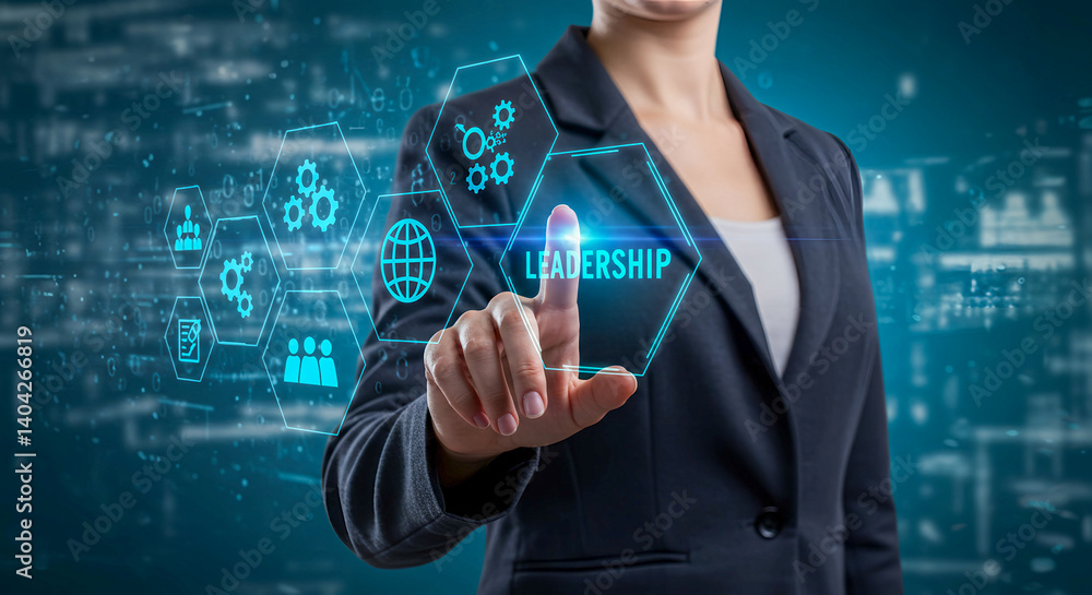 Obraz premium Woman pointing at leadership icon representing technology and business solutions