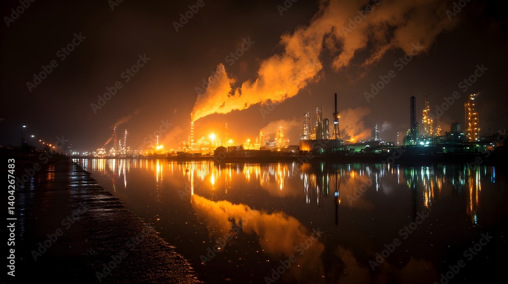 Fototapeta premium A sprawling industrial refinery complex at night reflects in calm waters creating a dramatic and fiery orange glow across the landscape.