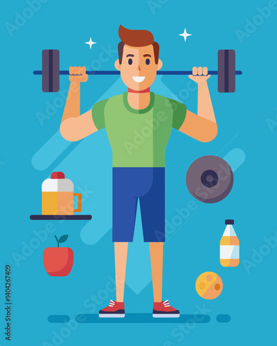 A gym member uses household items for weightlifting instead of purchasing expensive equipment.. Vector illustration